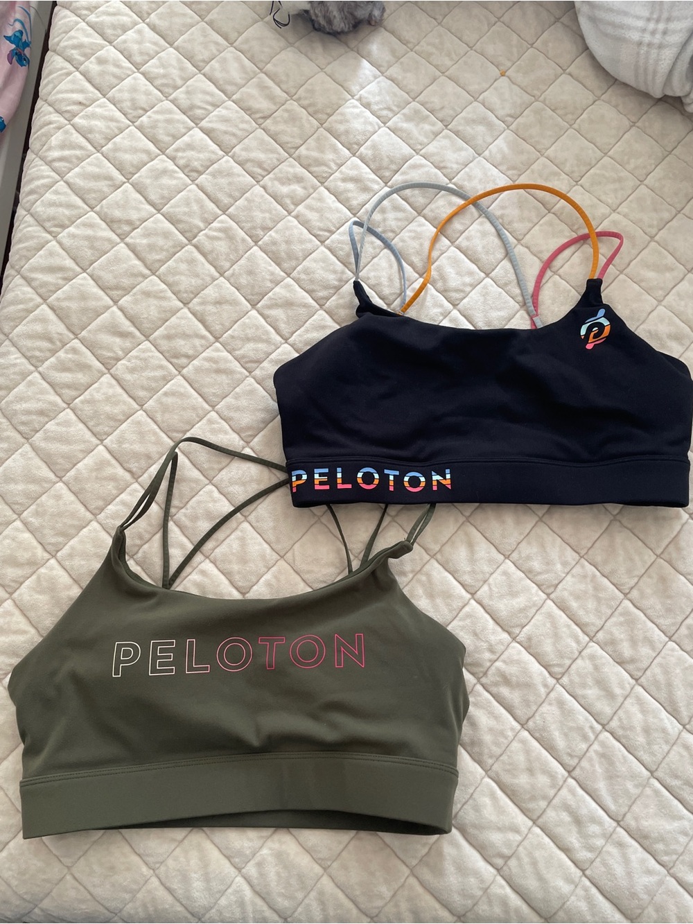 Peloton Black & Olive Strappy Sports Bras with Rainbow Logo Details